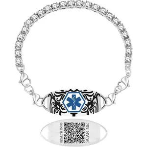 Dynamic QR Code Medical Alert Tennis Bracelet - Stainless Steel - Rhinestone Inlaid, Interchangeable Tag, Dual Lobster Clasps & Extender, Scan to Update Health/Allergy/Emergency Info, Fashion Medical ID Bracelet