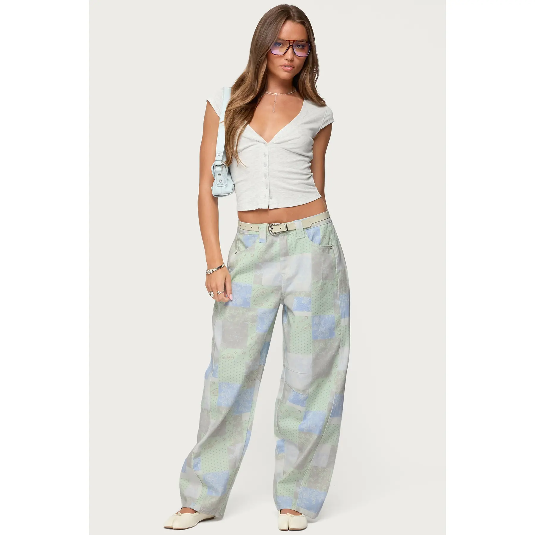 Patchwork Low Rise Barrel Leg Jeans