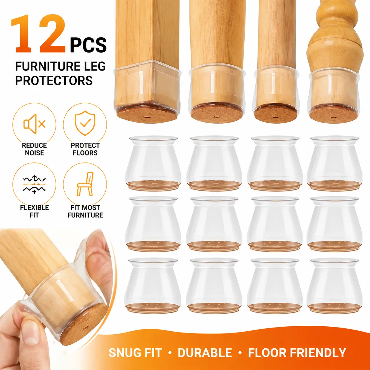 12 Pack Clear Silicone Chair Leg Floor Protectors with Felt Pad, Noise Dampening Anti Slip Furniture Leg Caps, Prevent Scratches on Hardwood Laminate Floors, Ideal for Dining Chairs, Bar Stools, Renters Must Have