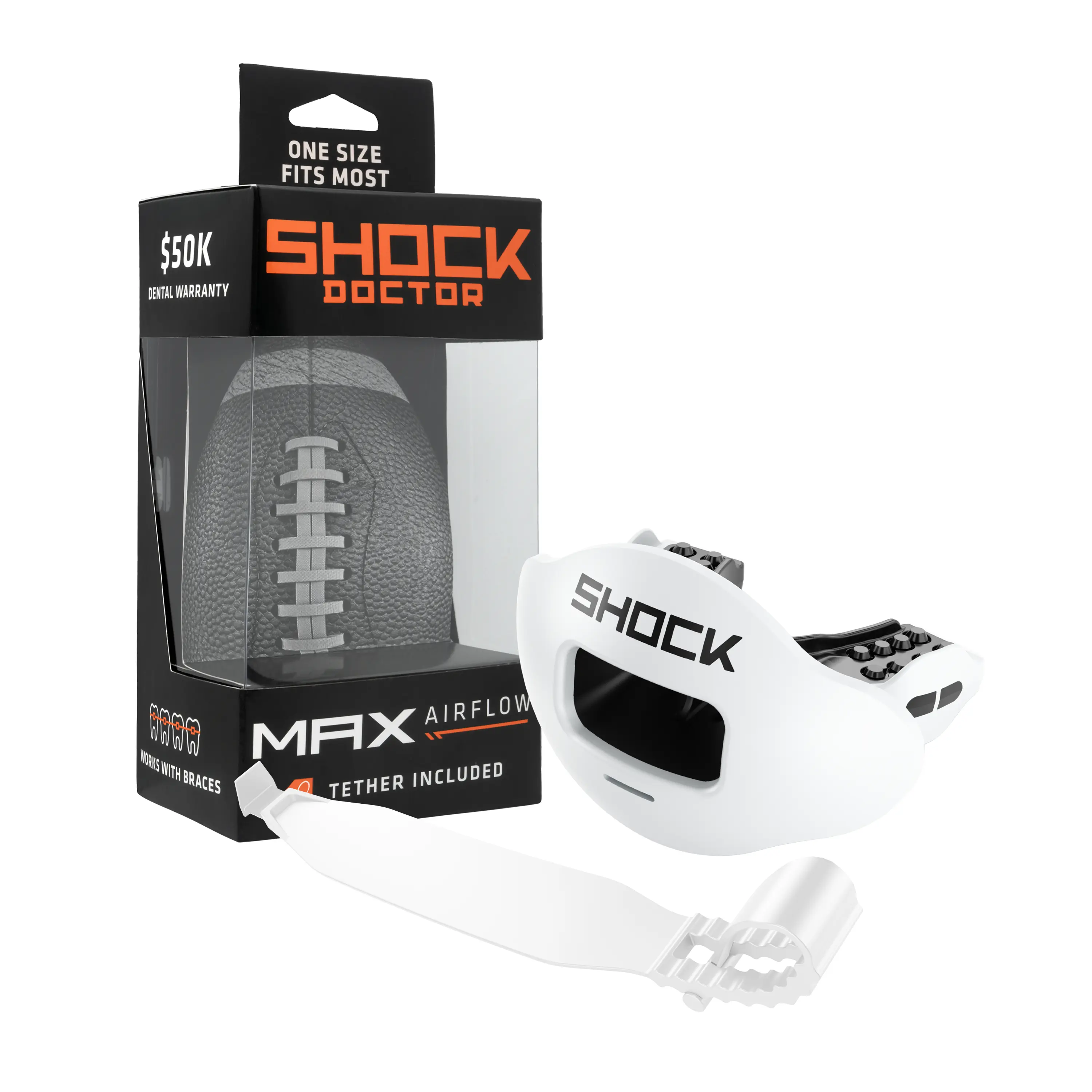 Shock Doctor Max AirFlow Football Mouthguard - White, Extra Large Breathing Channel, Full Protection, Comfortable Bite Pads, No Mold Fit