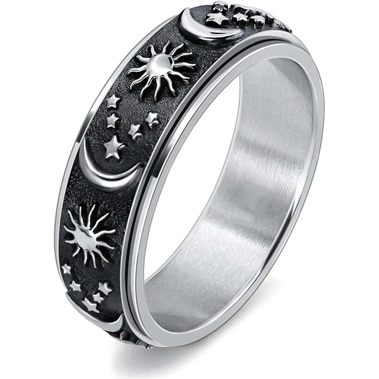 Bohemian Style Titanium Steel Rotating Moon Ring - Celestial Star, Moon, Sun Motifs, Stress Reliever Artificial Gemstone Hand Jewelry, Moon Ring Rings