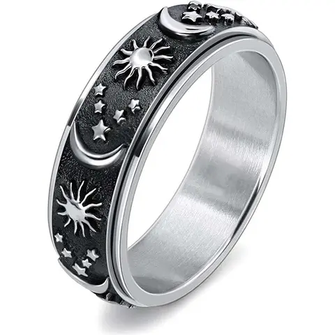 Bohemian Style Titanium Steel Rotating Moon Ring - Celestial Star, Moon, Sun Motifs, Stress Reliever Artificial Gemstone Hand Jewelry, Moon Ring Rings, Celestial Rings, Decompression Rings, Stars Rings