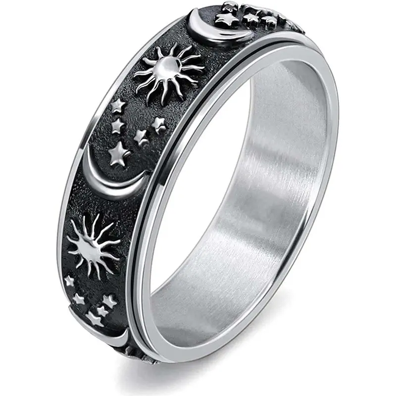 Bohemian Style Titanium Steel Rotating Moon Ring - Celestial Star, Moon, Sun Motifs, Stress Reliever Artificial Gemstone Hand Jewelry, Moon Ring Rings, Celestial Rings, Decompression Rings, Stars Rings