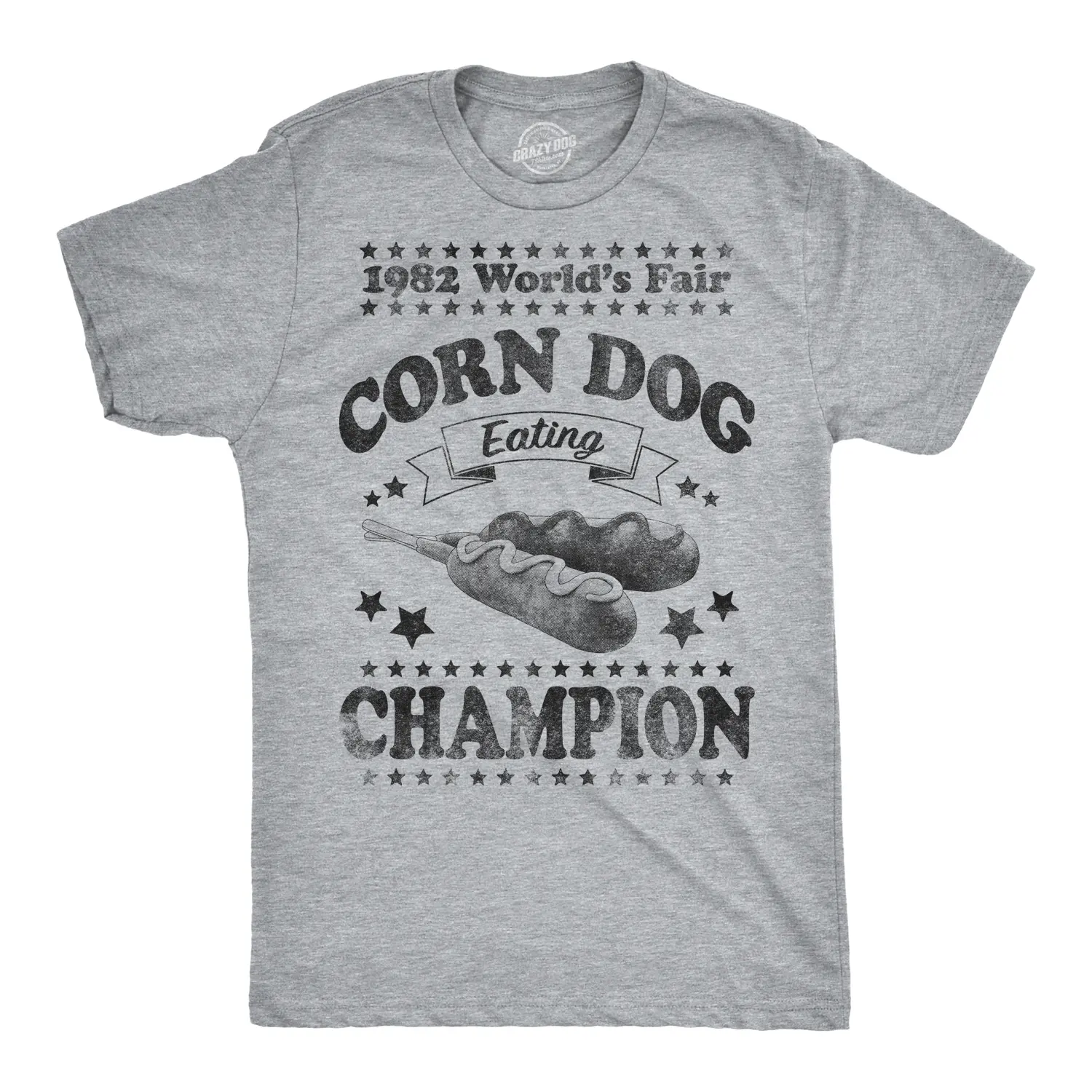 Mens Corn Dog Eating Champion Funny Hot Dog World Fair Vintage 1982 T shirt Mens Funny T Shirts Cool Vintage Fashion T-Shirt Gift Classic Menswear Vintage Apparel for Men Funny Food Short Sleeve Novelty Tees Light Grey