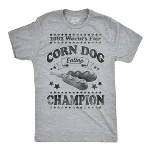 Mens Corn Dog Eating Champion Funny Hot Dog World Fair Vintage 1982 T shirt Mens Funny T Shirts Cool Vintage Fashion T-Shirt Gift Classic Menswear Vintage Apparel for Men Funny Food Short Sleeve Novelty Tees Light Grey