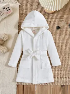 Hooded Flannel Sleepwear, Long Sleeve Pocket Design, Adjustable Waistband, Soft Breathable Bathrobe for Children Ages 4-13