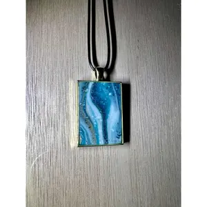 Blue and Gold Small Rectangle Resin Pendant Necklace
