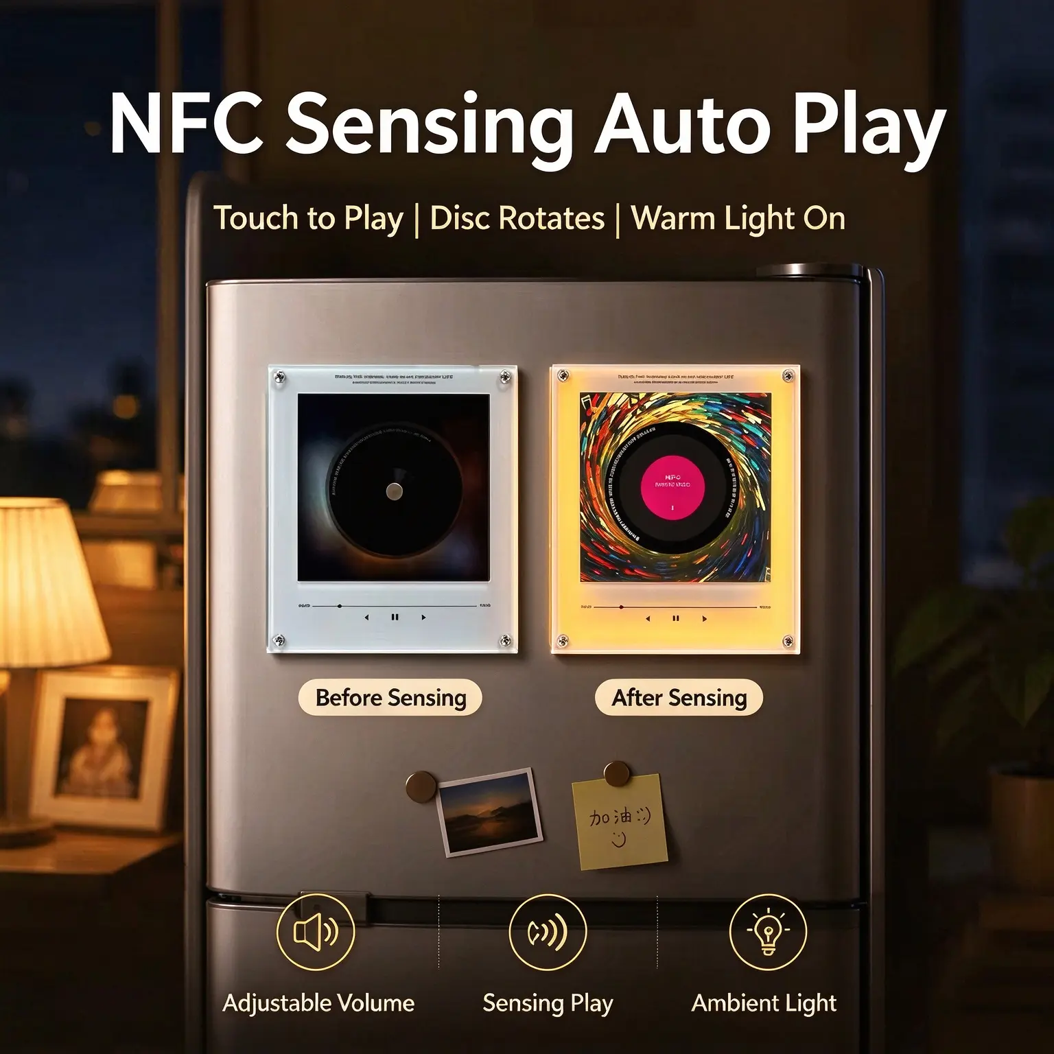 Magnetic NFC Music Box Player with Light Effect, Rotating Mini Vinyl Fridge Magnet Decor, Includes 9 Discs, 256MB Storage, USB-C Charging, Gift for Music Lovers