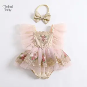Global Baby Newborn Girl Outfit, Embroidery Flower Fly Sleeve Romper with summer retro suspender dress Infant Baby Girls Romper Dress Flower Embroidery Knit Rib Ruffles Crew Neck