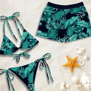 Matching Couples Swimwear Set, Teal Tropical Leaf Print Bikini and Shorts N2Y XPC