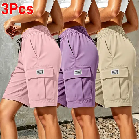 Women's Knee-Length Polyester Outdoor Cargo Shorts (Pack of 3, Black+Grey+Khaki) - Activewear, Athletic, Sportswear Bottoms with Breathable Fabric, Multi-Pockets, Elastic Drawcord Waistband - Solid Color for Outdoor Sports, Casual Summer