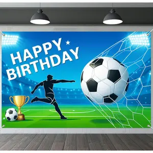 Soccer Birthday Banner 71x43 Inch Blue Stadium Theme Happy Birthday Backdrop with Goal Net Trophy Player Silhouette and Ball for  Party Decoration