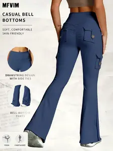 Women's Multi-Pocket Sporty Wide Leggings, Side Pocket Leggings, High Waist Invisible Elastic Bell Bottoms, No Front Seam Design, Gym Yoga Daily Wear