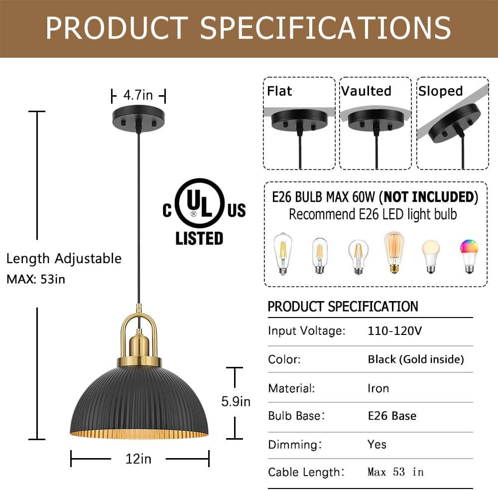 Pendant Lights Kitchen Island, Black Metal Farmhouse Pendant Light Fixtures, 11.8" Industrial Modern Hanging Light for Dining Room Bedroom Cafe Bar (Black/Gold, 1 Pack)