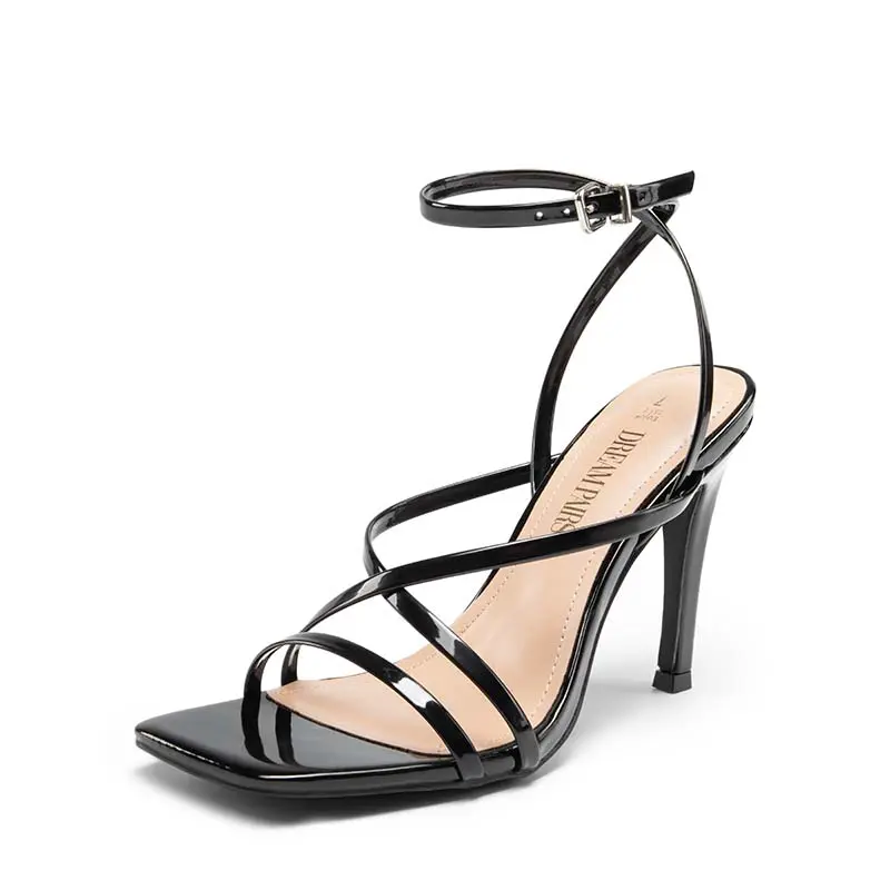 DREAM PAIRS Women's Fashionable Adjustable Classic Square-Toe Strappy Stiletto Heeled Sandals - Leather Footwear, Padded Insole, Decorative Design, Statement Shoes, Heels for Women, Fashionable Heeled Sandals, Black Sandal, Patent Leather