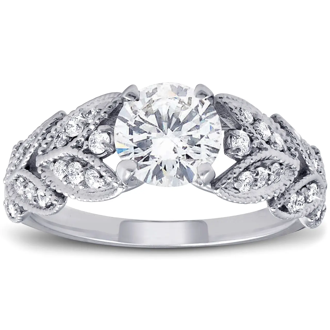 1ct Diamond Engagement Ring   Petal Vine Leaf 14k White Gold Enhanced