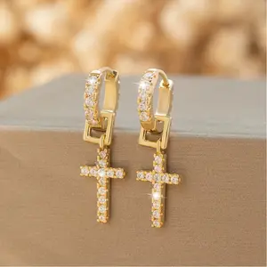 Unique and trendy hip-hop cross earrings DDES0333 unisex earrings 14K gold-plated