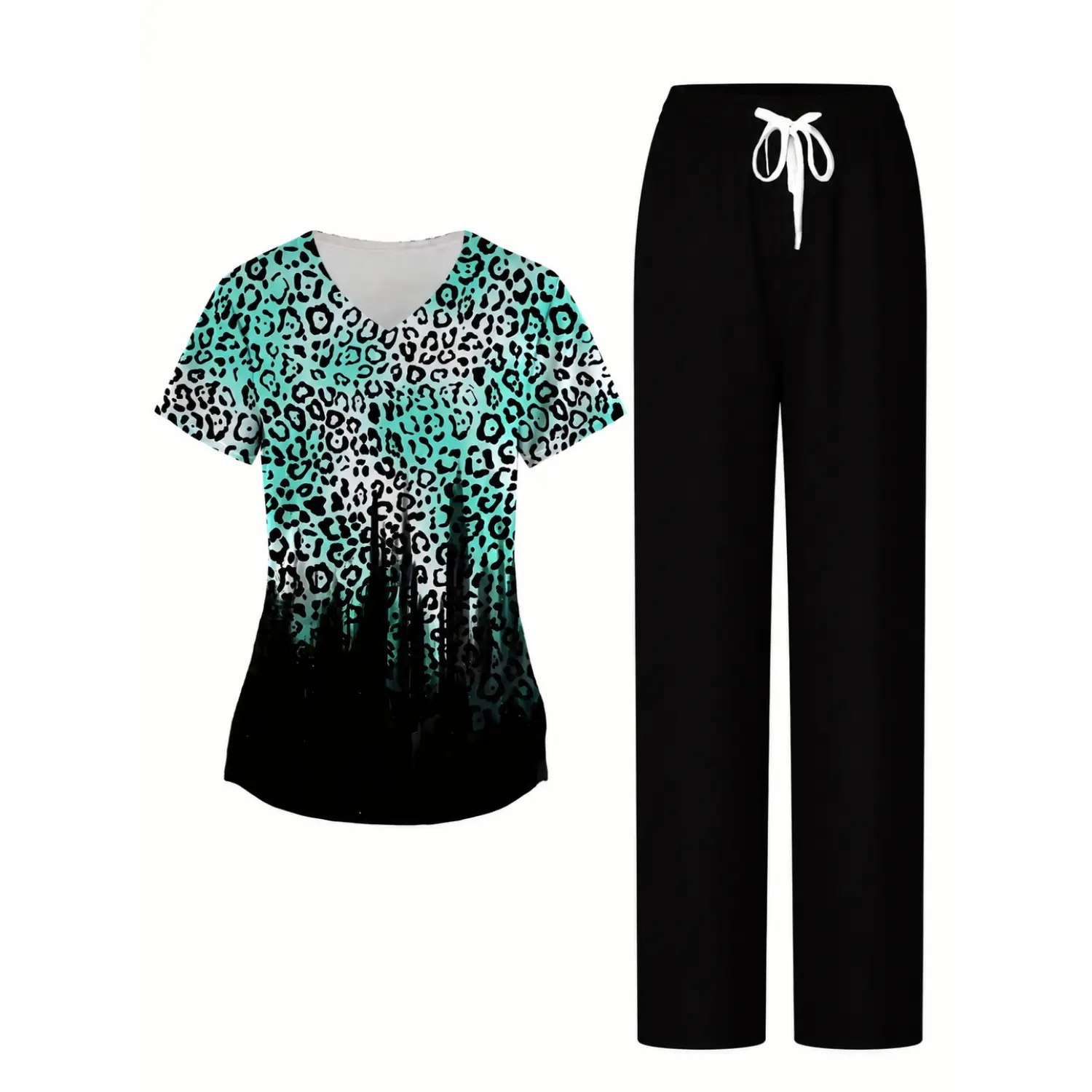 Women's Turquoise Black Leopard Print Scrub Set with Top and Black Drawstring Pants for Nurses