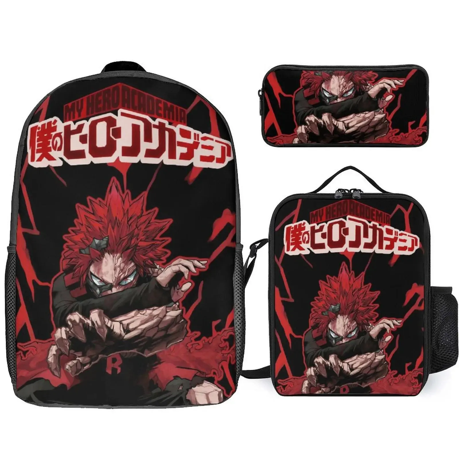 Hero-Academia Kirishima Eijirou 3 Piece Backpack Set with Lunch Bag Pencil Case , High Capacity Bookbag with Lunch Box Pen Box Workplace Travel