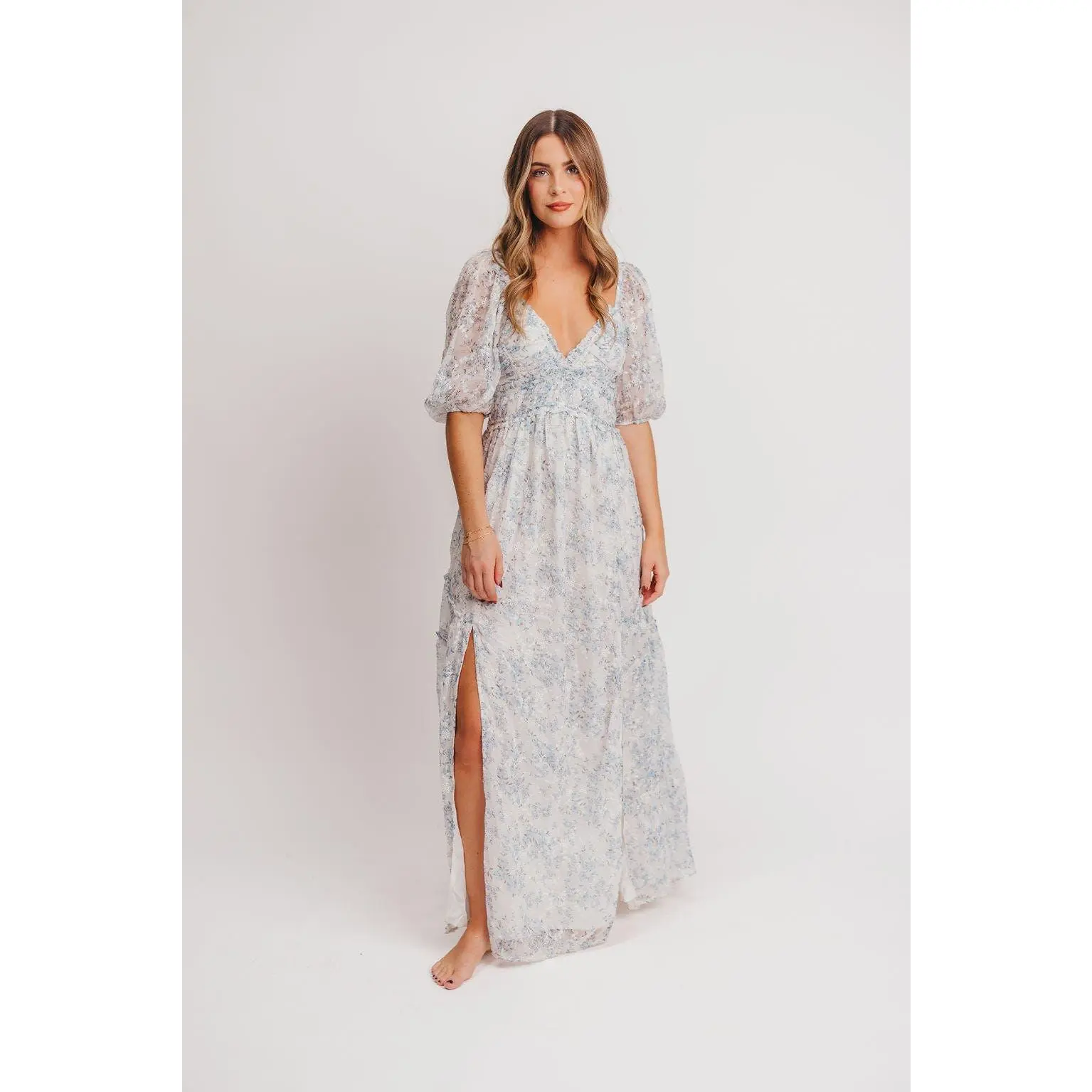 Daphne High Slit Eyelet Detail Maxi Dress in Blue and White Floral -  Inclusive Sizing (S-3XL) - TikTok Shop