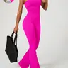 Women's Solid Backless Ribbed Sports Jumpsuit, Yoga Activewear Jumpsuit, Casual Sporty Tummy Control Flare Leg Jumpsuit For Yoga Gym Workout Running, Ladies Summer Outfits 2024, Workout Fitness Jumpsuit, Sportswear Jumpsuits