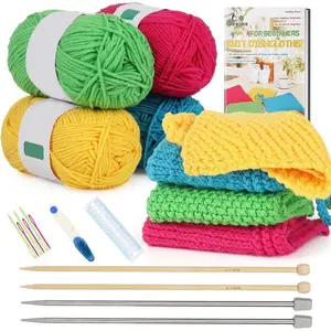 Knitting Kit for Beginners, Complete Beginner Knitting Kit Easy Knitting Set Including Knitting Needles Set Cotton Yarn, Learn to Knit Dishcloth with Step-by-Step Instructions, Colorful
