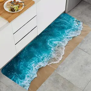 1pc Turquoise Blue Turquoise Green Turquoise Ocean Wave Non-Slip Mat  Heavy-Duty Beach Theme Mat, Turquoise/Yellow/ Wave Pattern for Kitchen, Bathroom, Laundry Room, Doorway - Machine Washable, Bathroom Decorative Mat