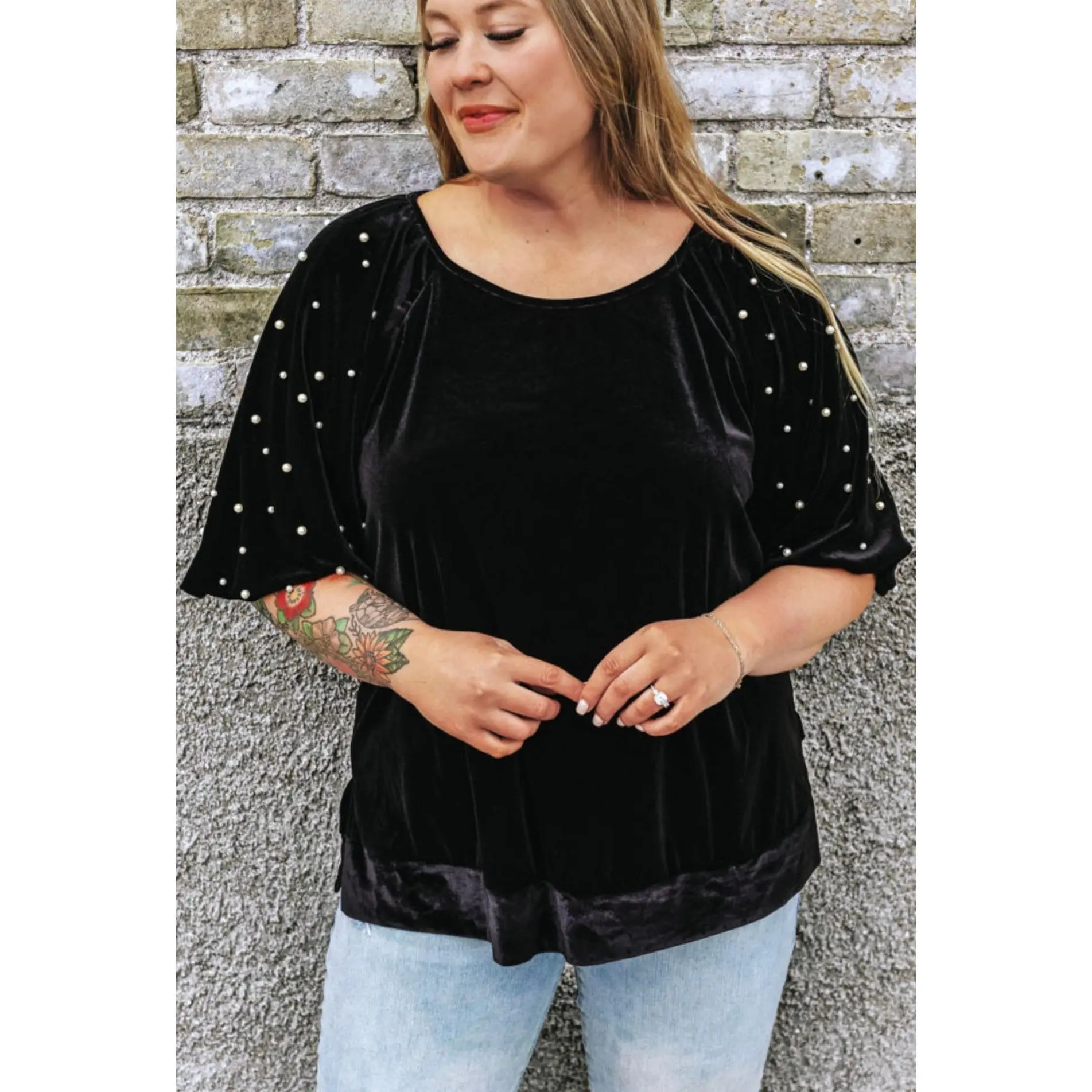 Black Velvet Pearl Sleeve Top