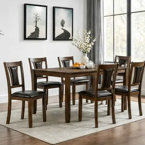 Modern 7-Piece Dining Table Set for 6 with Upholstered Chairs, Rectangular Wooden Dining Room Set, Walnut Finish, MDF & Rubberwood, Seats 6, for Kitchen Dining Room Restaurant, Easy Assembly, Walnut Color Options, Product Weight: 137.28 lb