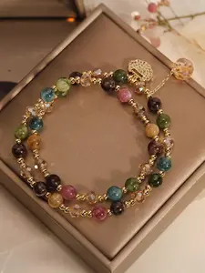 High-end double-layered rainbow tourmaline bead bracelet, bohemian style bracelet with an exquisite longevity lock, unique women's jewelry.