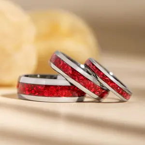 Matching Silver Tungsten Rings with Red Lab Garnet - 4MM, 6MM, 8MM