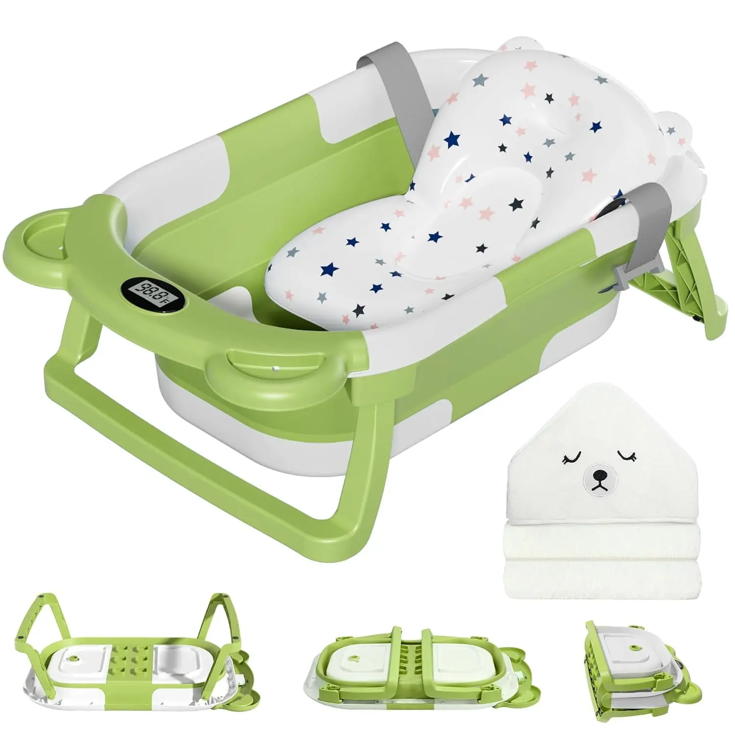 Collapsible Baby Bathtub for 0-2 Years Newborns & Toddlers, Portable Travel Bathtub with Thermometer, 1 Hooded Bath Towel, 1 Soft Floating Cushion, Drain Hole & Durable Foldable Design