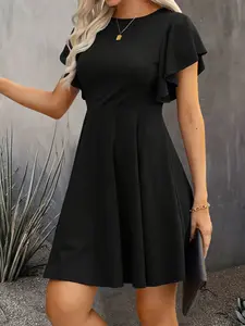 Spring Summer Dress, Casual Boho Chic Beach Vacation Style, Boho Sundresses, Elegant Waist Cinched Round Neck Short Sleeve, Comfortable Fashion Women's Clothing, Womenswear