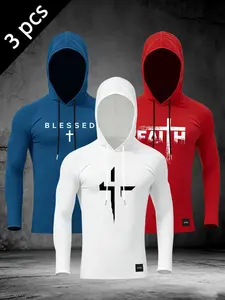 Men's Christian Faith Hooded Long Sleeve, Compression Fit Cross Print Athletic Shirt, Gym Workout Streetwear Top #ChristianAthletic #CompressionShirt #FaithInspiredGym #WorkoutHoodie #TikTokMadeMeBuyIt