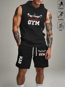 Men's 'POWERHOUSE GYM' Sleeveless Hoodie & Shorts Set – 2-Piece Gym Workout Outfit, Fitness Streetwear Athletic Tracksuit