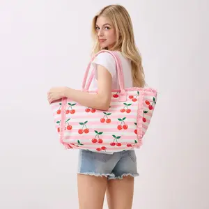 CHERRY STRIPED FRINGED TOTE BAG, MB 0333