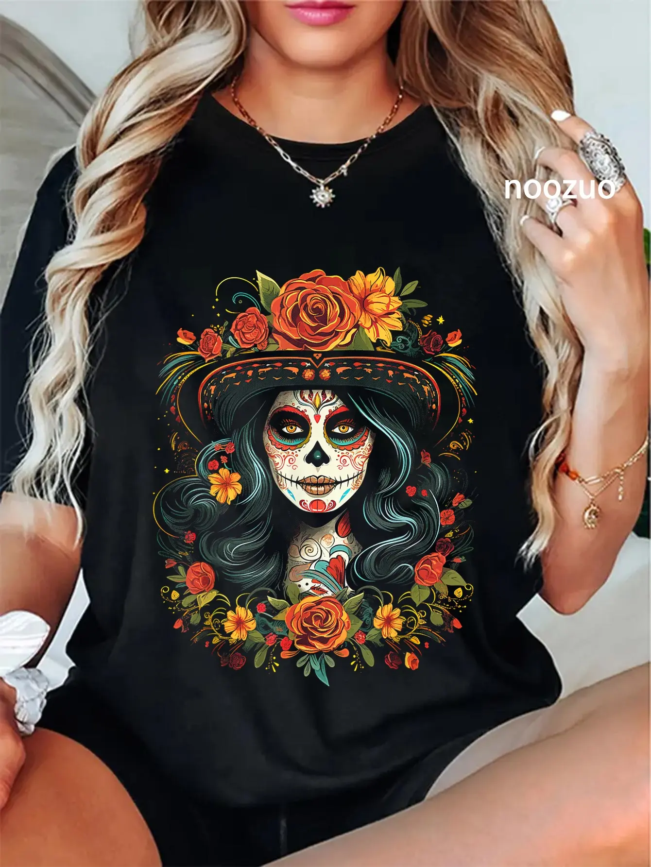 Women's La Catrina Graphic Tee - Vintage Day of the Dead Sugar Skull Print, Loose-Fitting Short Sleeve 100% Cotton Casual Shirt, Everyday, Distressed Look, Whimsical, Sugar Skulls, Loose Fit, Short Sleeves, Tshirt, Lady