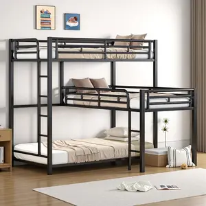 Heavy-Duty Triple Bunk Bed, Metal L-Shaped Bunk Bed for 3 Kids Adults with Built-in Ladder and Full-Length Guardrails, No Box Spring Needed & Space Saving Metal Triple Bunk Bed