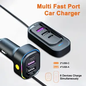1 Piece Car Charger Fast Charging 4USB+2C 6 Ports 1.5M Cable Length Front & Rear Simultaneous Charging 12-24V General Purpose Car Gadgets