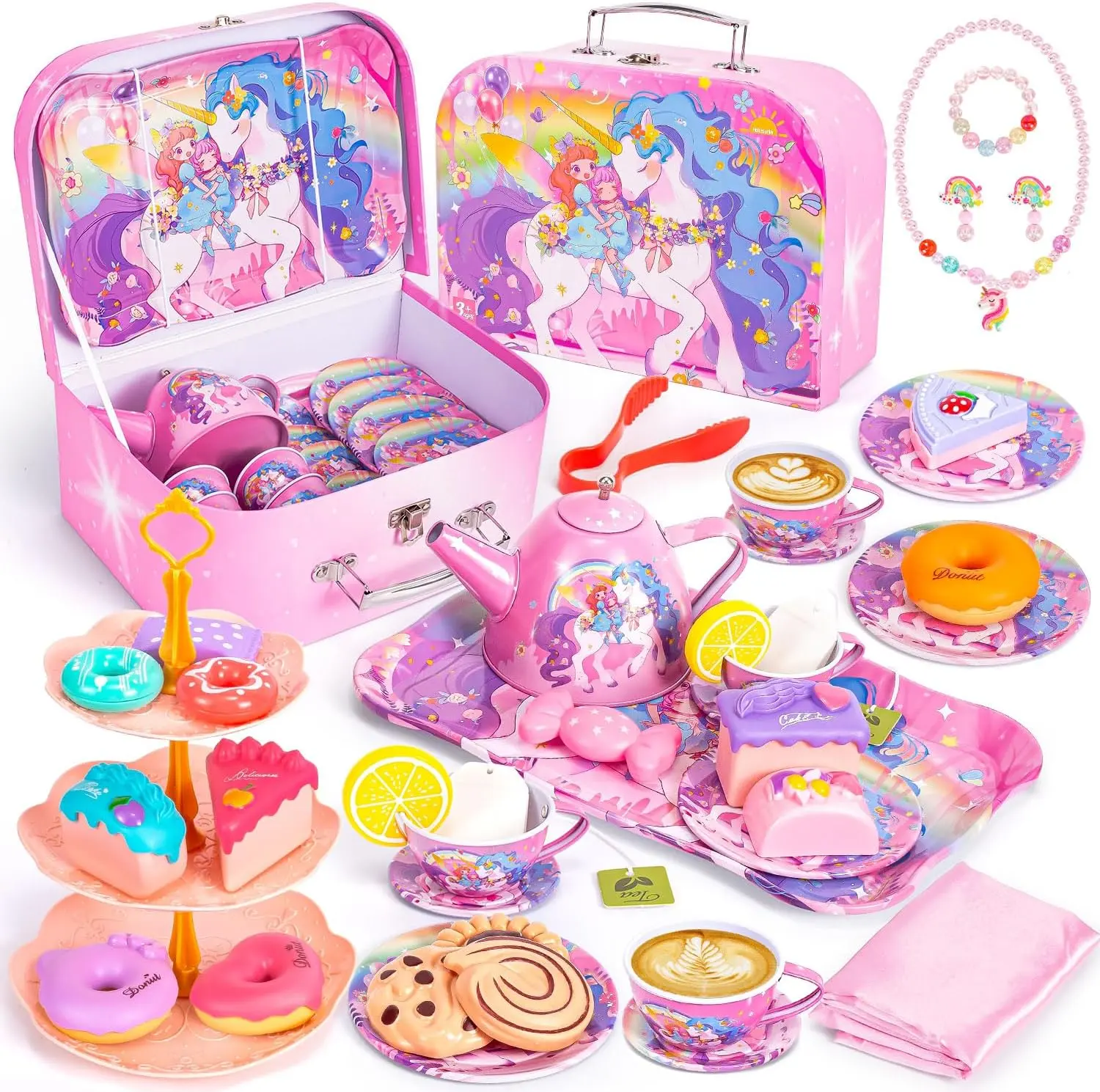 Unicorn Tea Party Set for Little Girls Christmas Toddler Princess Tea Set Toys Pretend Play Teapot & Dessert Tea Cup Set Kitchen Food Playset Birthday or Christmas Gift for 3 4 5 6 7 8 Year Old Girls