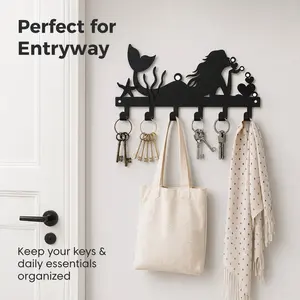 Mermaid Key Holder for Wall, 6-Hook Black Metal Key Rack, Cute Ocean Decor for Entryway & Bedroom Organization