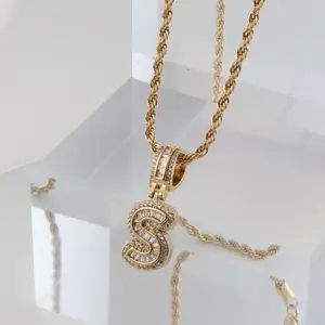 Gold CZ Initial Necklace - 14K Heavy Plated Gold, CZ Pendant, 3mm Rope Chain, Lifetime Replacement Guarantee