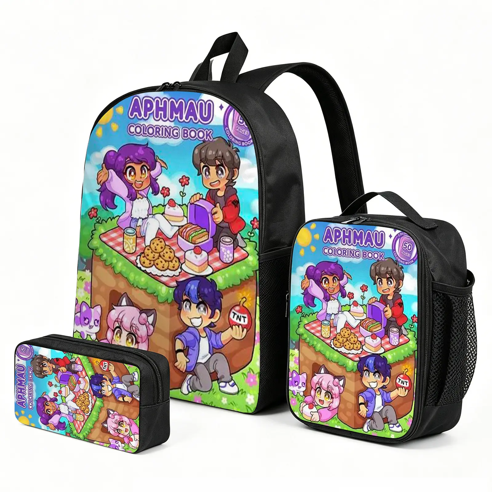 Aphmau Unisex 3-Piece Back to School Supplies Set, Backpack with Velcro Closure, Lunch Box, Pencil Case for Kids