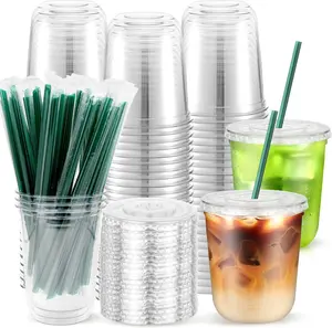 50 count 12 oz Clear Plastic Cups with  and Dark Green Straws, Round Bottom Disposable To Go iced Coffee Cups, Small Bubble  Smoothie Cups for Coffee Shops, Picnic, Christmas, Holiday