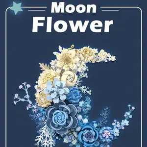 Moon Flower Bouquet Building Blocks Set - DIY Artificial Flowers with Crescent Moon Stand, Micro Particles Botanical Collection for Adults Home Decor, Desk & Wall Display Art