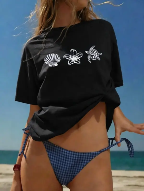 Relaxing coastal vacation vibe seashell lily sea turtle sketch graphic tee beach chill summer 100% cotton short sleeve adhesive print women black cover up top