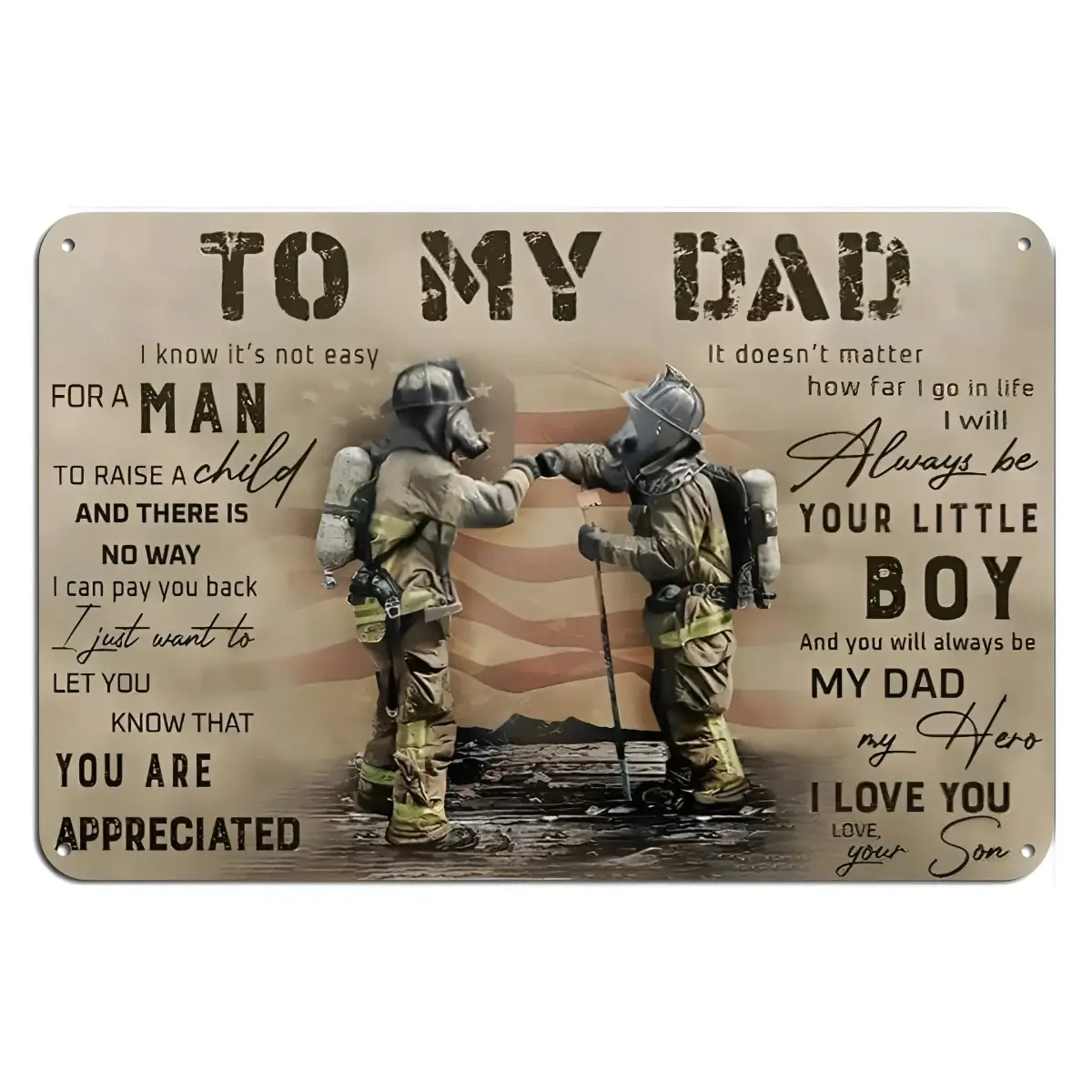 Vintage "To My Firefighter Dad" Tin Sign - 8x12 in Patriotic Wall Decor, Pre-Drilled Home Plaque for Fireman Dads, Suitable for Multiple Rooms, Home Decor Products, Yard Sign Rectangle Design