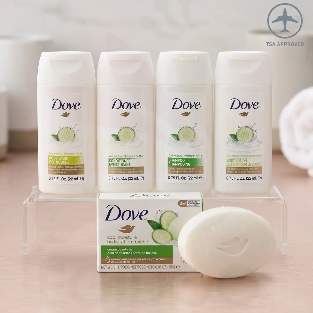 Dove Cool Moisture Travel Set 5-Piece Kit (0.75oz / 22ml) with Body Wash, Shampoo, Conditioner, Body Lotion & Beauty Bar - Cucumber & Green Tea TSA Size, Body Care, Mini Travel Products summerwins