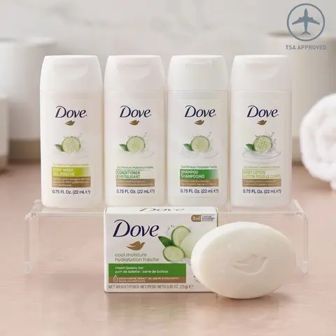 Dove Cool Moisture Travel Set 5-Piece Kit (0.75oz / 22ml) with Body Wash, Shampoo, Conditioner, Body Lotion & Beauty Bar - Cucumber & Green Tea TSA Size, Body Care, Mini Travel Products, Travel Body Care Sets