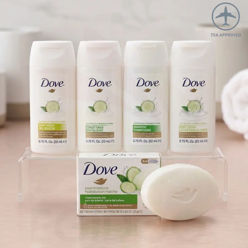 Dove Cool Moisture Travel Set 5-Piece Kit (0.75oz / 22ml) with Body Wash, Shampoo, Conditioner, Body Lotion & Beauty Bar - Cucumber & Green Tea TSA Size, Body Care, Mini Travel Products, Travel Body Care Sets